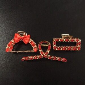 Set of 3 Cute Red and Gold Hair Claw Clips for Ponytails Buns Accessories Bundle